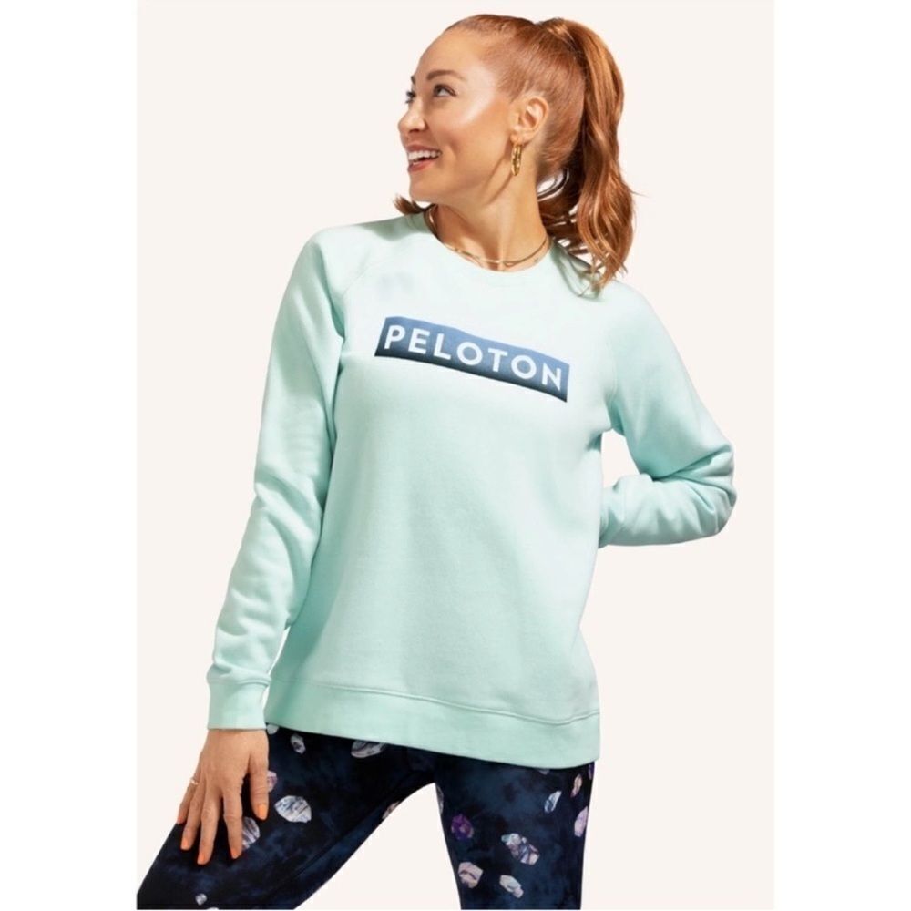 PELOTON L Mint Blue Green Classic Fleece Interior Crewneck Pullover Sweatshirt